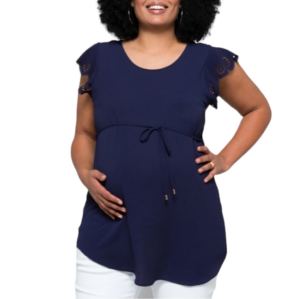Full Moon Cheryl Maternity Tie Front Blouse in Navy size 2X Laser Cut Out Floral